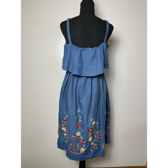 Demin Embroidered Elastic Waist and Straps Floral Indie Boho Dress Women's M/L - Picture 2 of 12